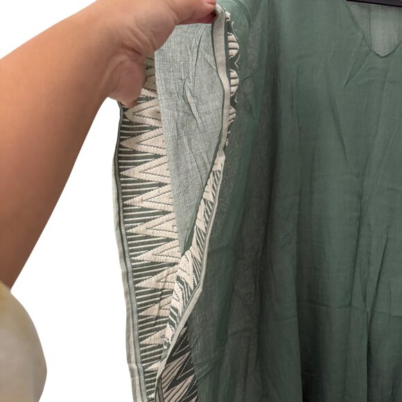Eileen Fisher Green Embroidered Trim Organic Cotton Fringe Handwoven Kaftan OS - Picture 5 of 8